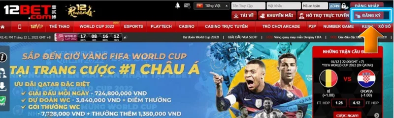 chọn mục đăng ký 12bet