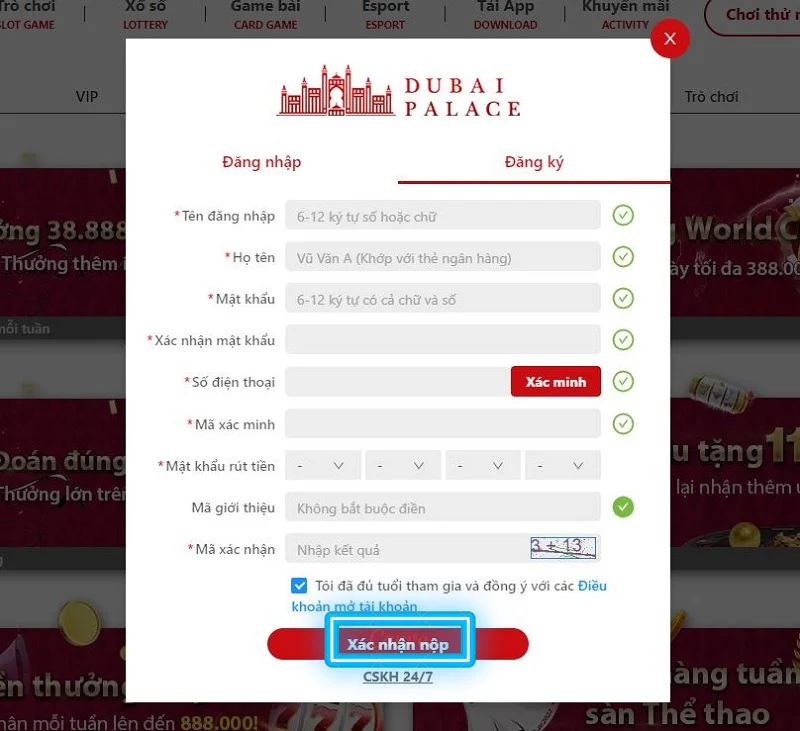 điền thông tin đăng ký dubai palace