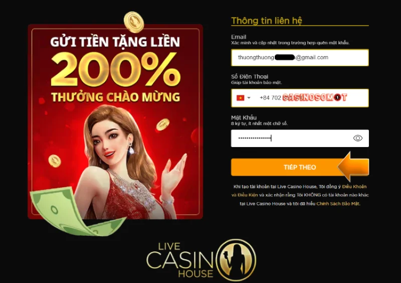 nhập thông tin liên hệ đăng ký live casino house