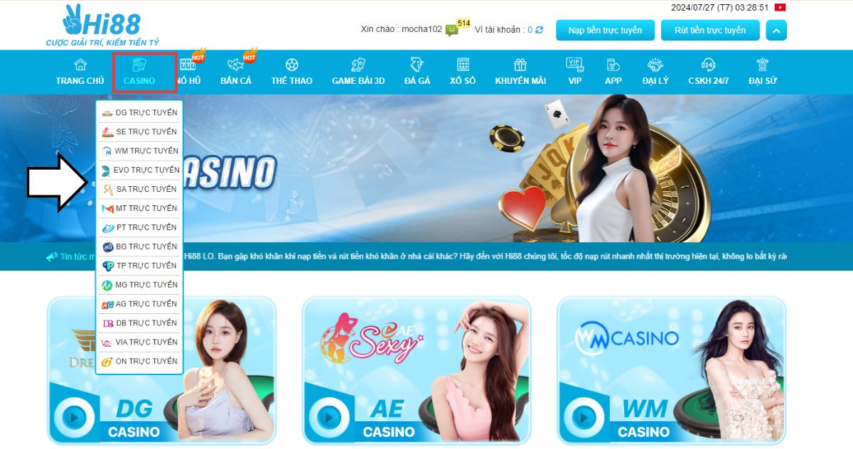 truy cập vào casino hi88 để chọn sảnh chơi