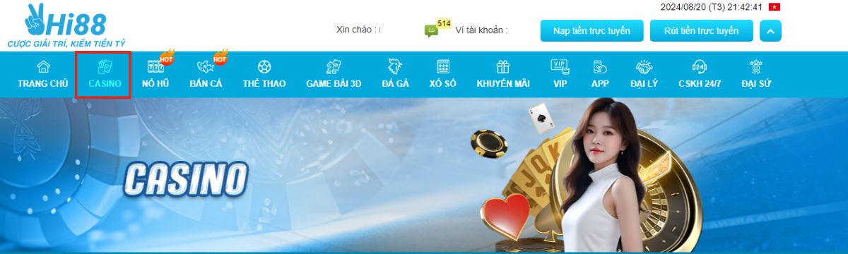 truy cập vào mục casino tại trang chủ hi88